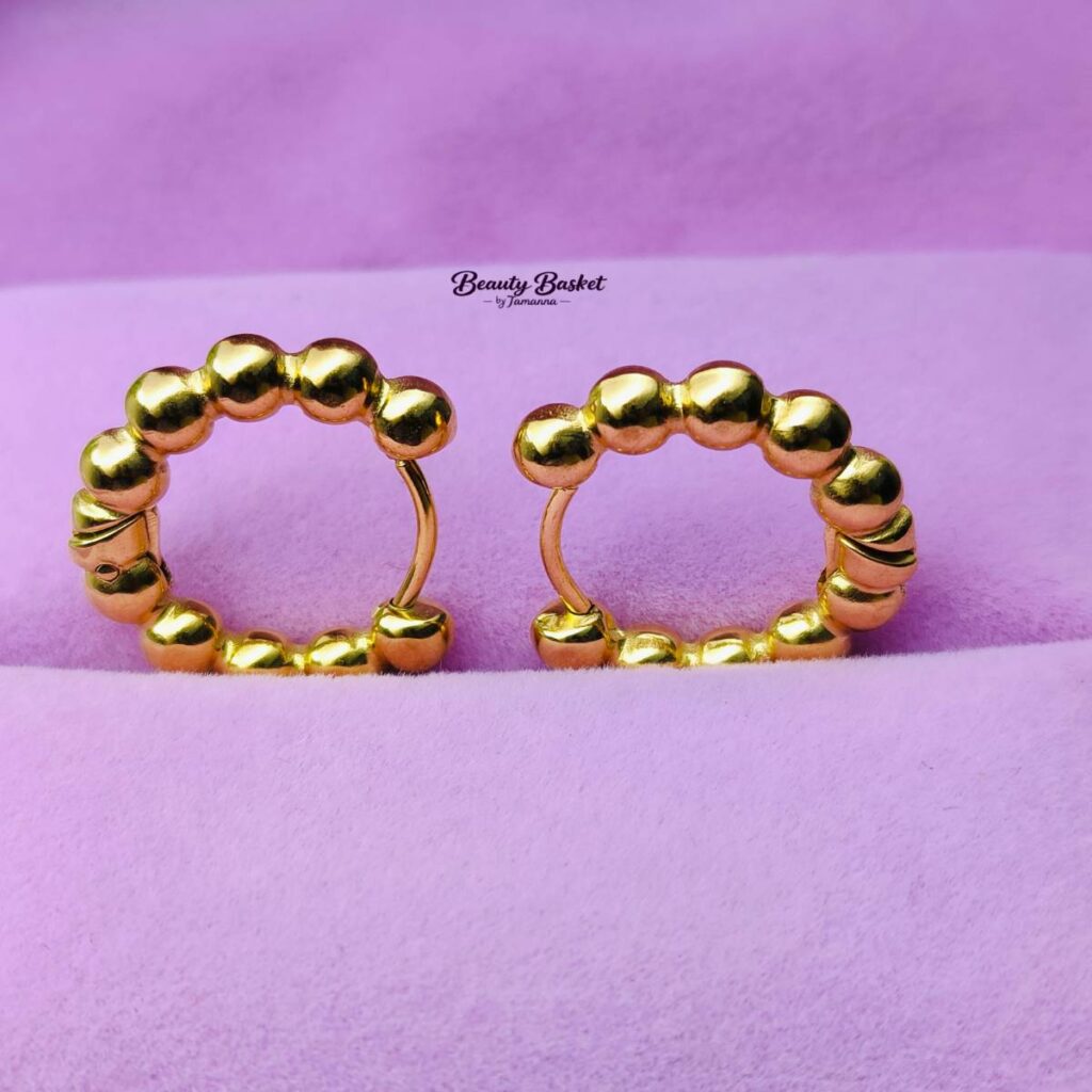 beaded hoop earrings stainless steel gold tone close view