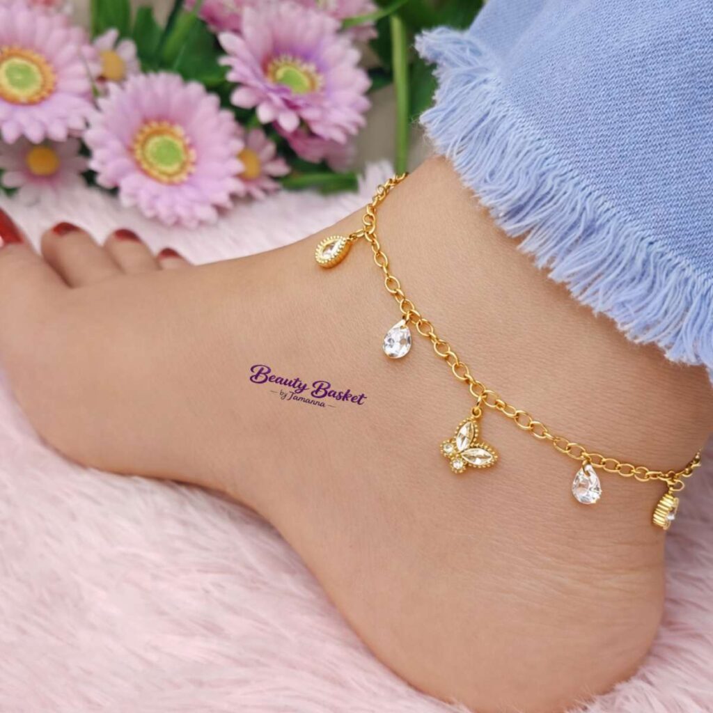 butterfly crystal charm anklet stainless steel gold tone