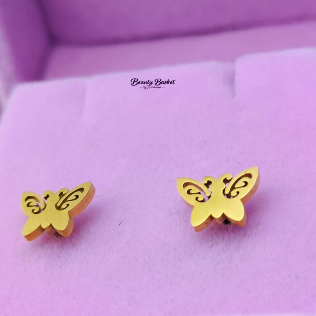 butterfly stud earrings stainless steel gold tone close view