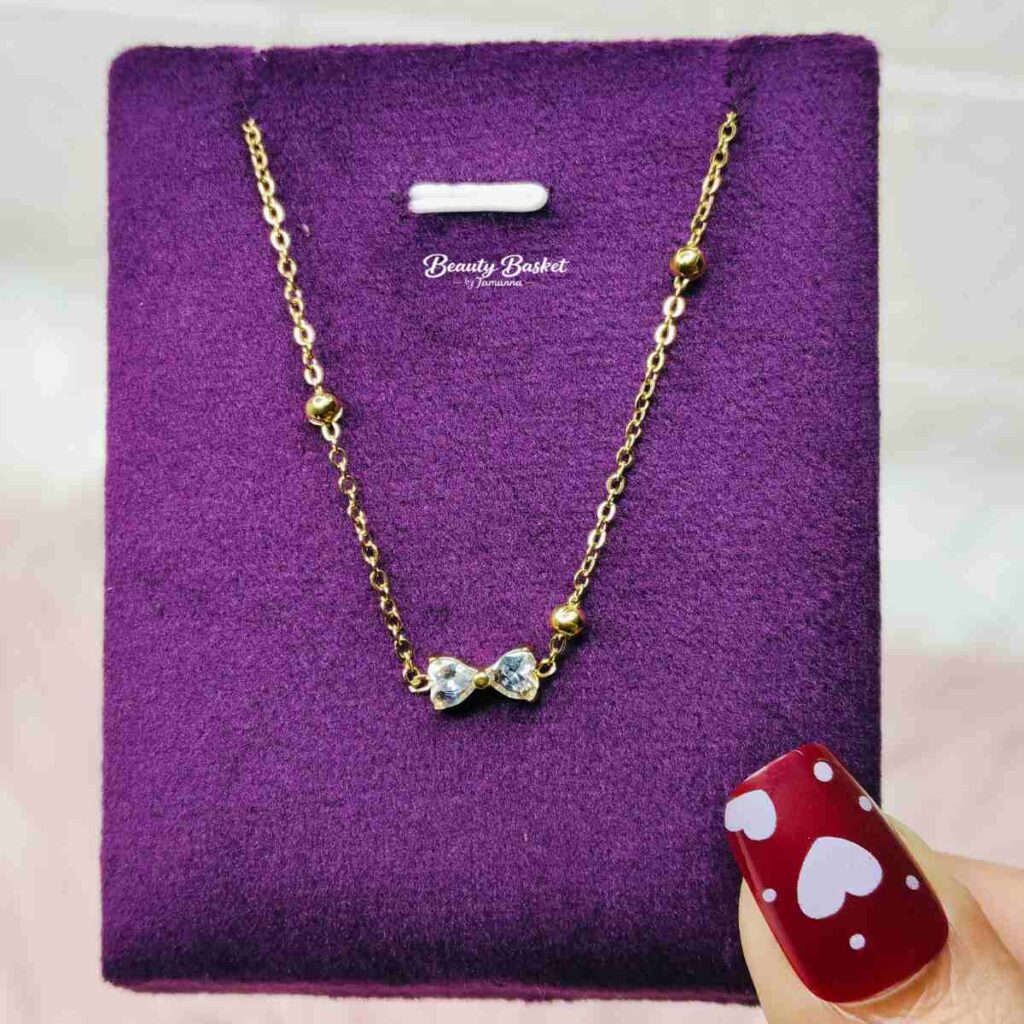 crystal bow charm necklace stainless steel gold tone cute chain