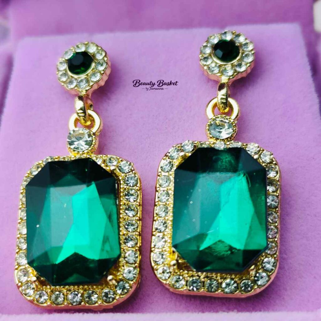 emerald drop earrings stainless steel gold tone close view