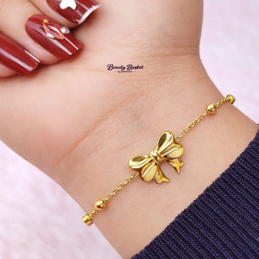 gold bow charm bracelet stainless steel cute elegant jewelry