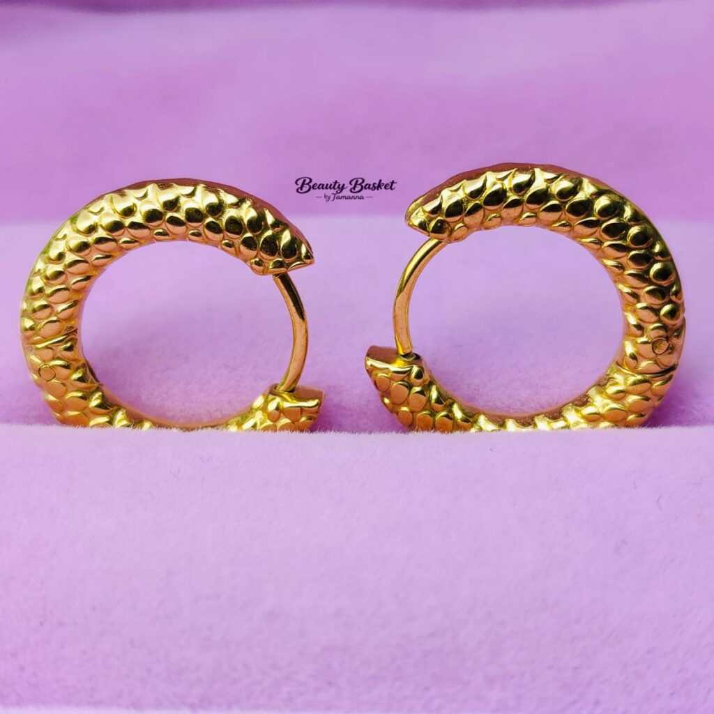 hammered texture hoop earrings stainless steel gold tone close view