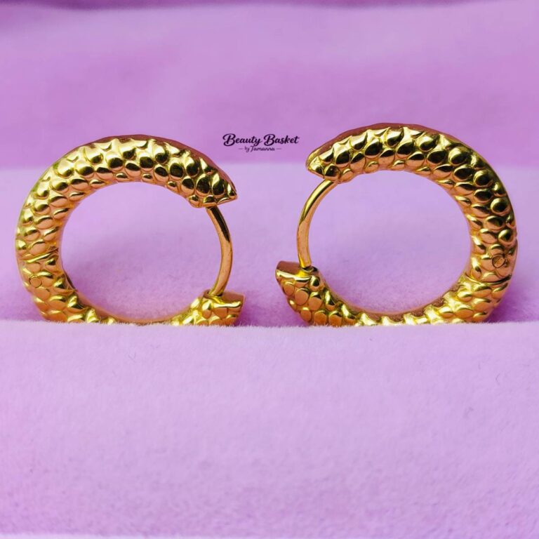 hammered texture hoop earrings stainless steel gold tone close view