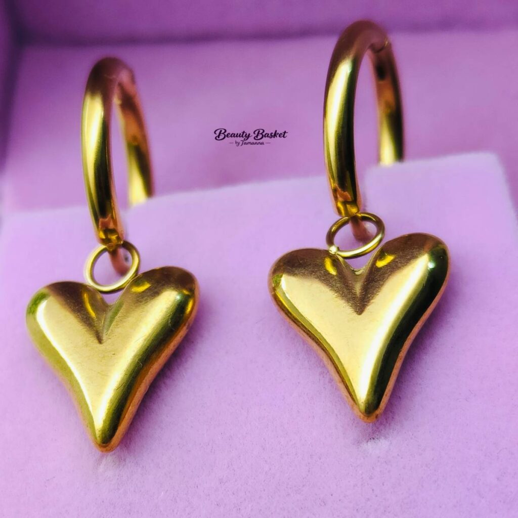 heart drop hoop earrings stainless steel gold tone close view