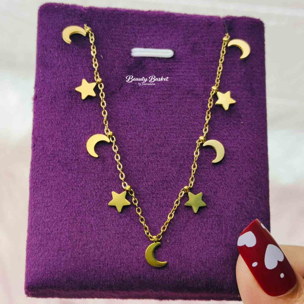 moon & star charm necklace stainless steel gold tone trendy celestial design