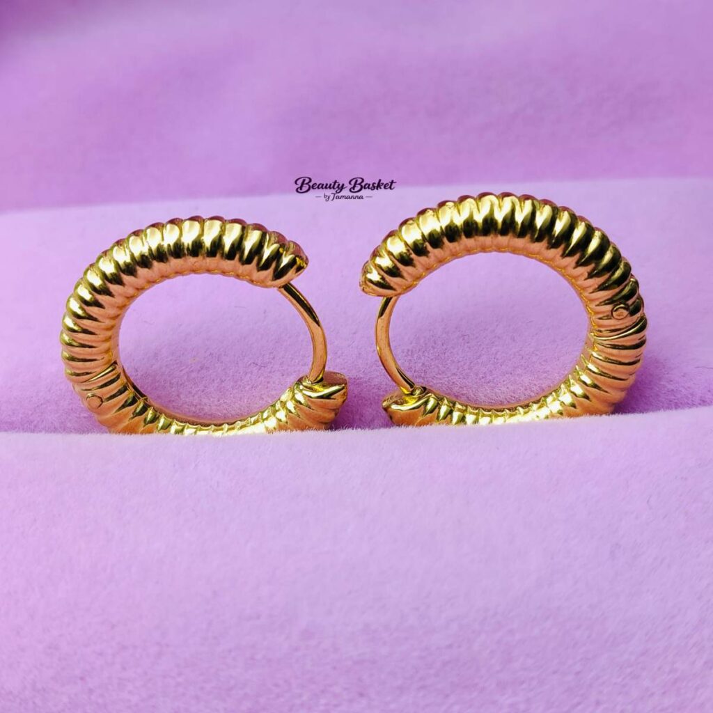 ribbed hoop earrings stainless steel gold tone close view