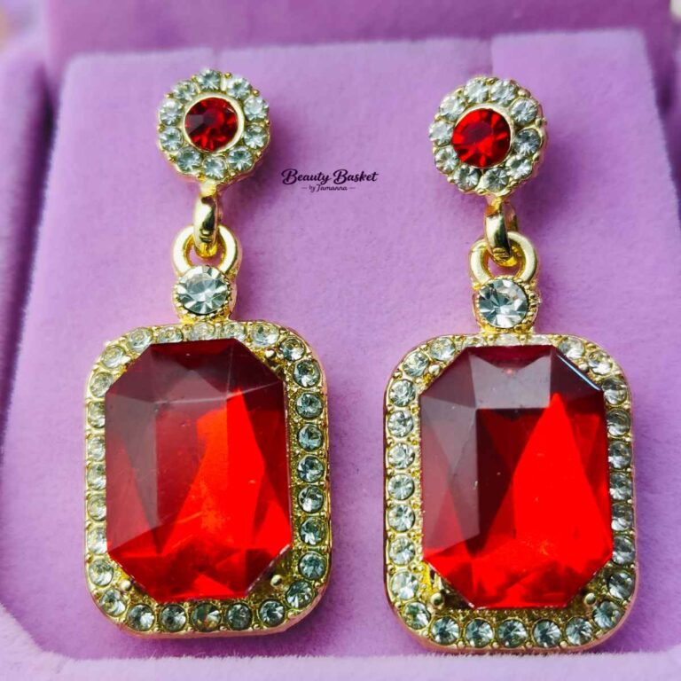 ruby drop earrings stainless steel gold tone close view