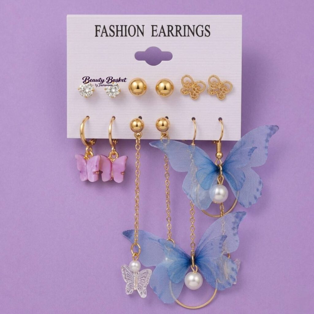 butterfly drop hoop earrings set alloy gold tone butterfly pearl chain earrings full view