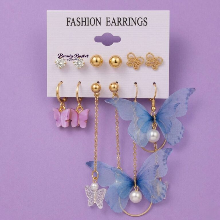 butterfly drop hoop earrings set alloy gold tone butterfly pearl chain earrings full view