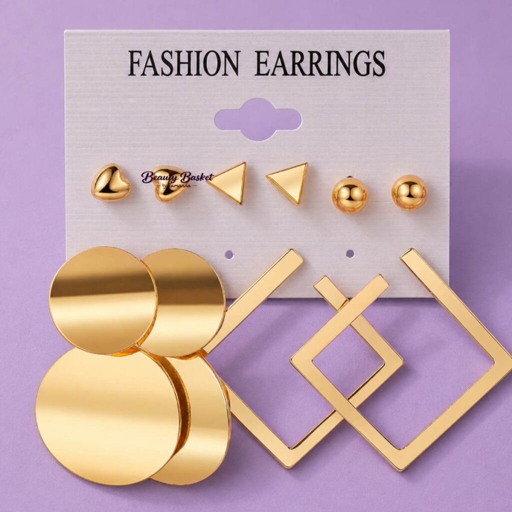 geometric gold earrings set alloy gold tone round disc square earrings triangle stud heart stud full view