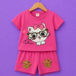girls cute cat print top shorts set pink kids outfit