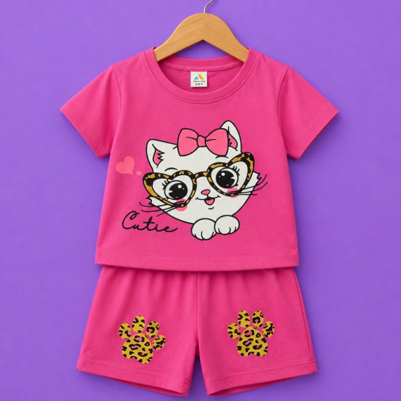 girls cute cat print top shorts set pink kids outfit