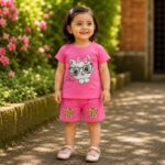 pink girls cat print shorts set full view kids clothing