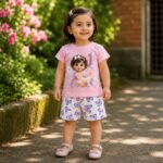 pink girls fairy print butterfly shorts set full view kids clothing