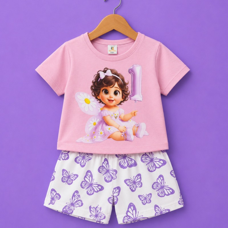 girls fairy print top butterfly shorts set pink kids outfit