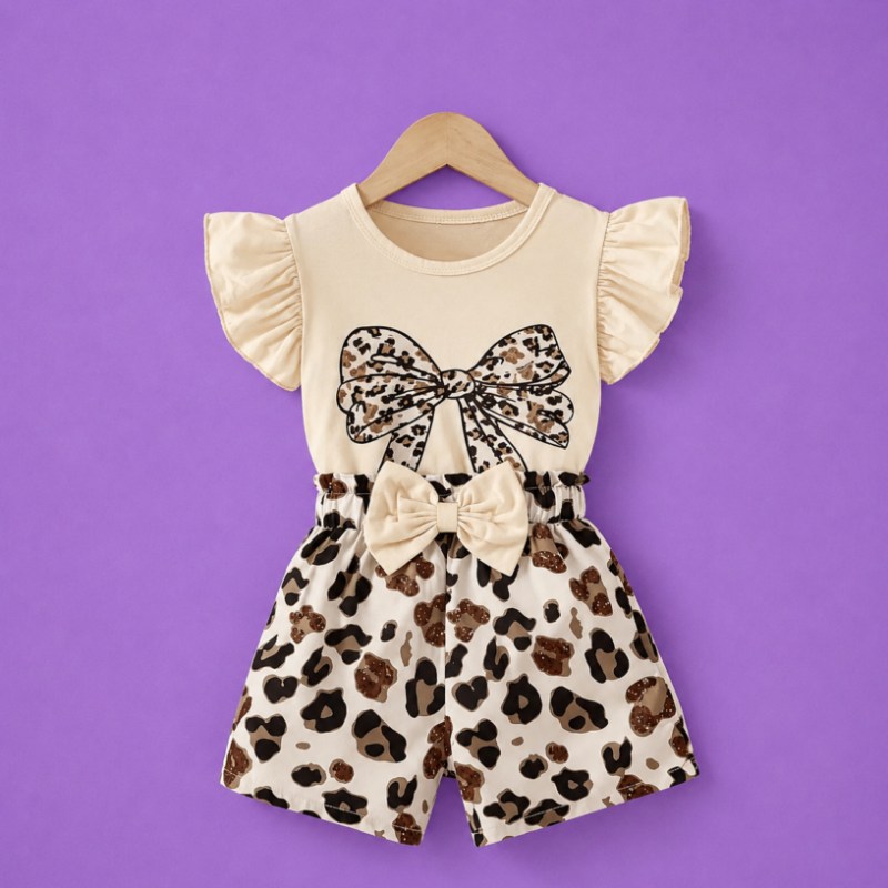 girls leopard print bow romper dress