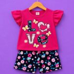 girls love print top floral shorts set pink kids outfit
