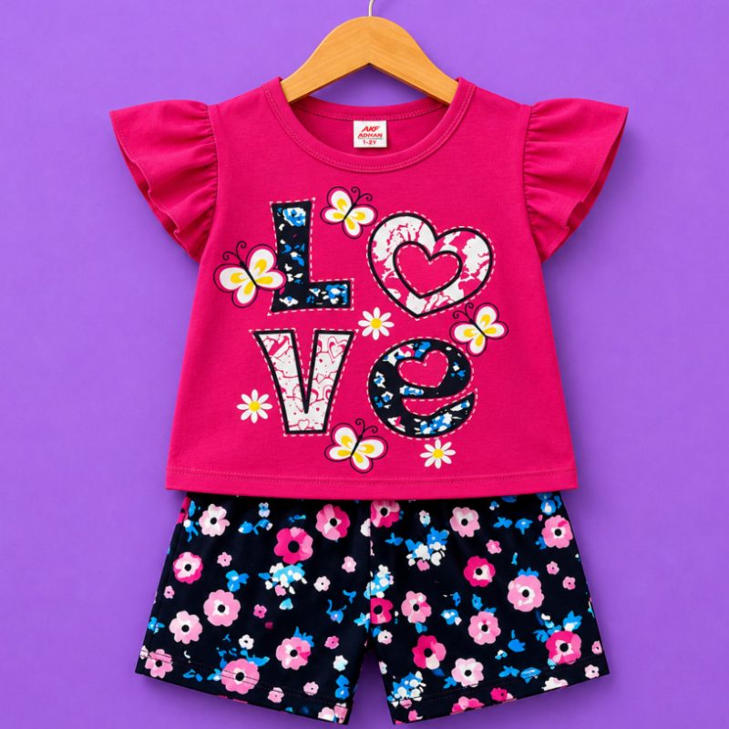 girls love print top floral shorts set pink kids outfit