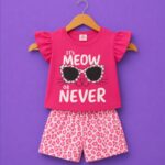 girls meow print top leopard shorts set pink kids outfit