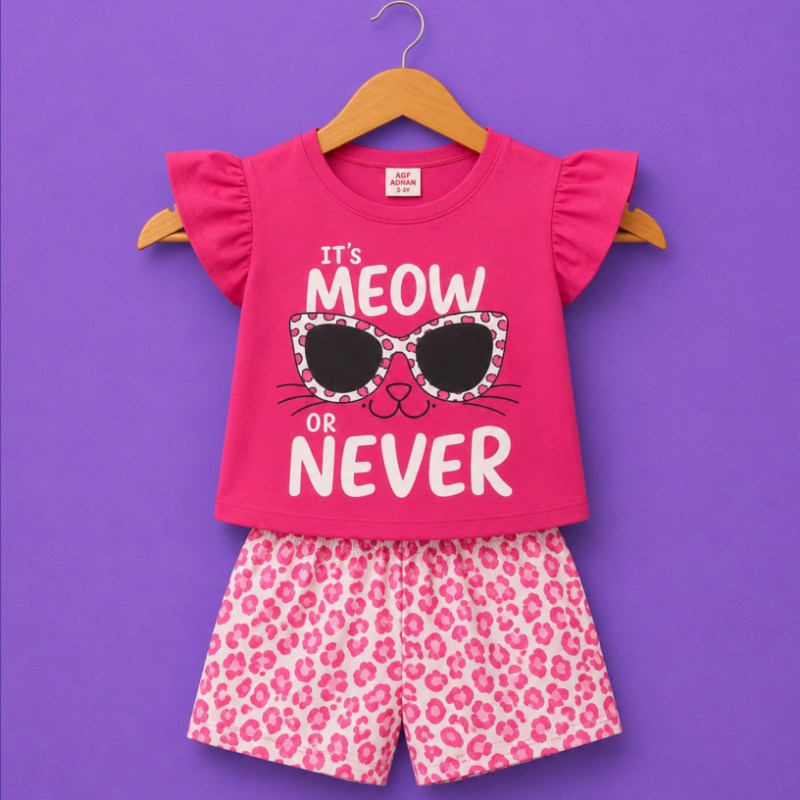 girls meow print top leopard shorts set pink kids outfit