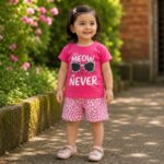 Girls Meow Print Top & Leopard Shorts Set - Image 2