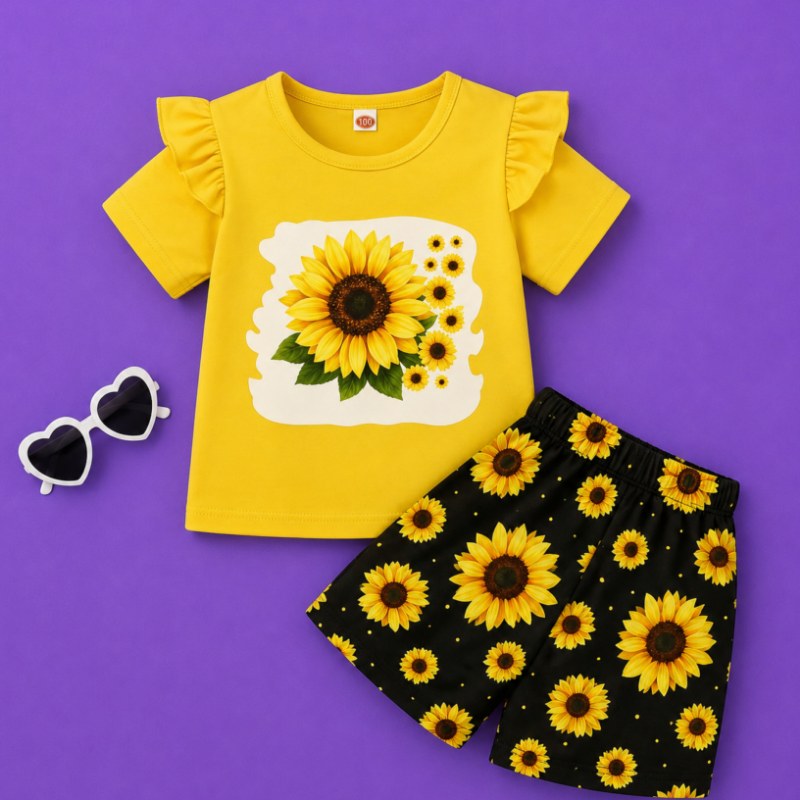 girls sunflower print top shorts set