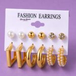 gold hoop earrings set alloy gold tone hoop earrings pearl crystal studs close view