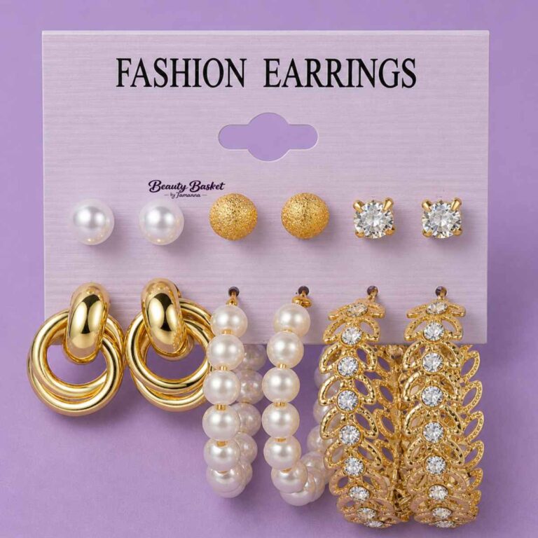 gold pearl hoop earrings set alloy gold tone multiple earrings pearl crystal hoops close view