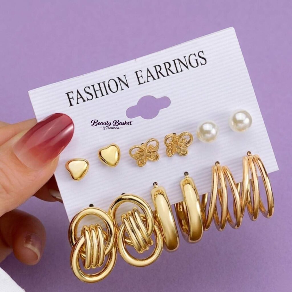 gold stud hoop earrings set alloy gold tone heart butterfly pearl hoop earrings full view
