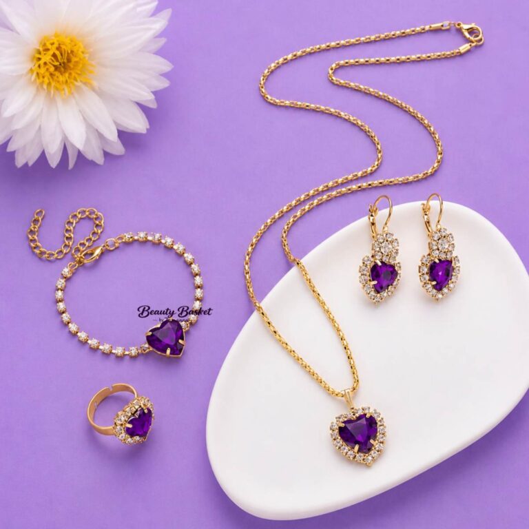 heart stone jewellery set purple variant gold tone
