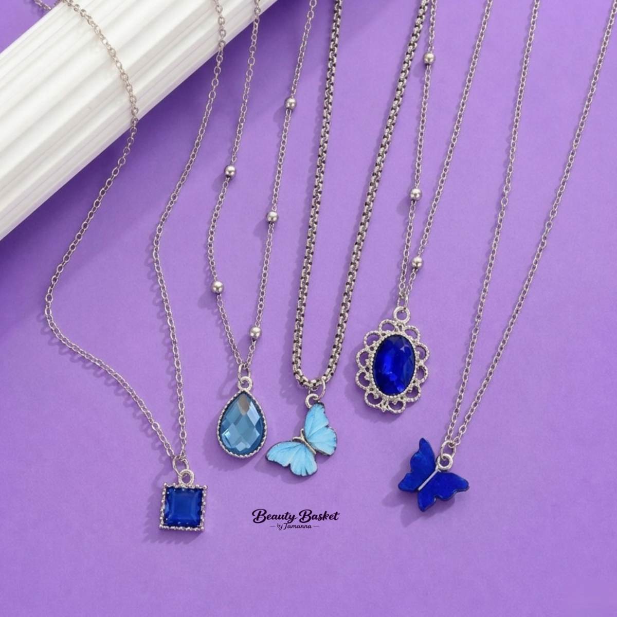 Multi Design Pendant Necklace Set silver chain multi design pendant necklace set silver chain blue stone butterfly teardrop oval square pendant full view
