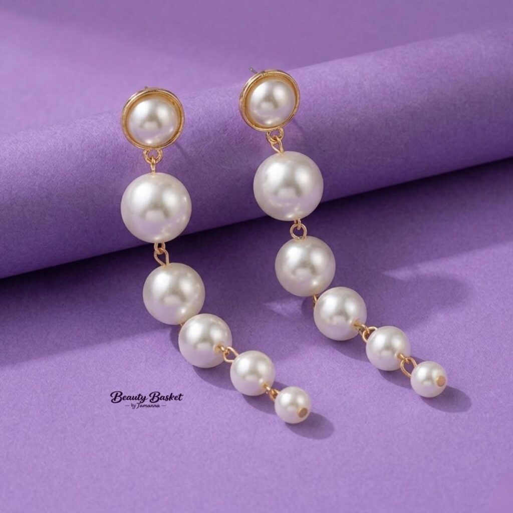 pearl drop dangle earrings gold tone alloy long pearl earrings close view