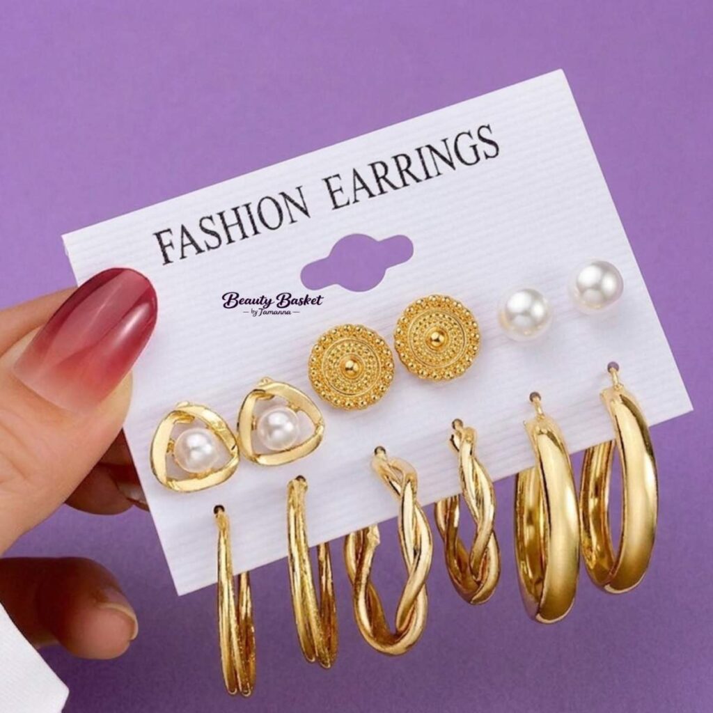 pearl gold earrings set alloy gold tone pearl stud textured stud hoop earrings full view