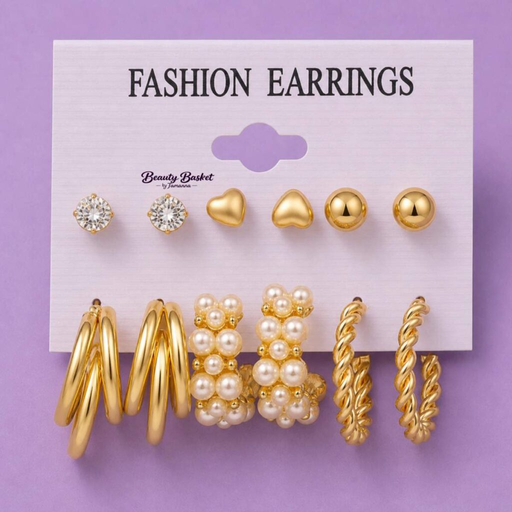 pearl hoop earrings set alloy gold tone chunky hoop twisted hoop pearl cluster earrings full view