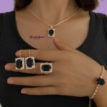 rectangle stone jewellery set black crystal necklace earrings ring bracelet gold tone close view