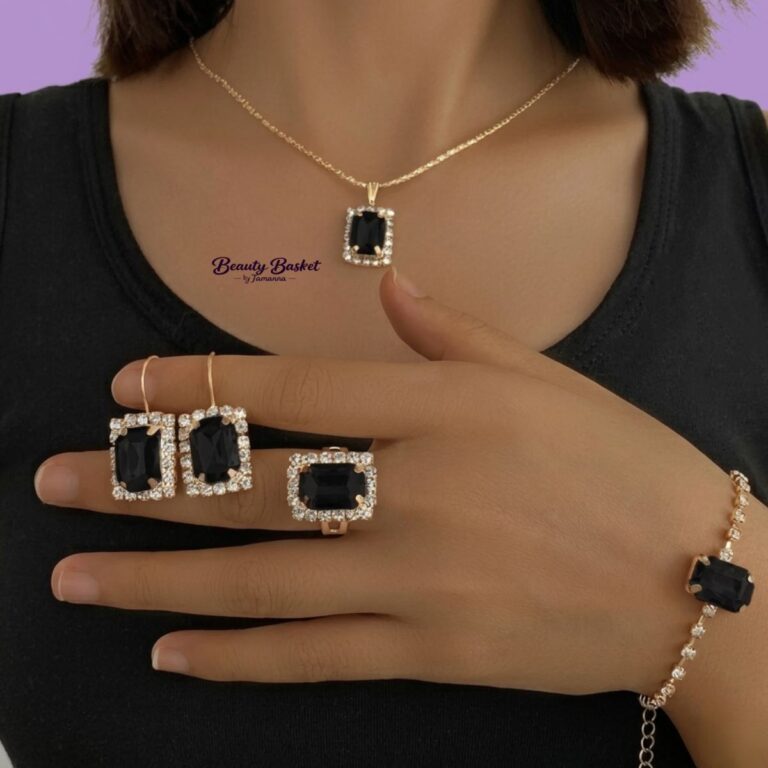 rectangle stone jewellery set black crystal necklace earrings ring bracelet gold tone close view