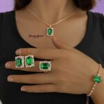rectangle stone jewellery set green emerald variant gold tone