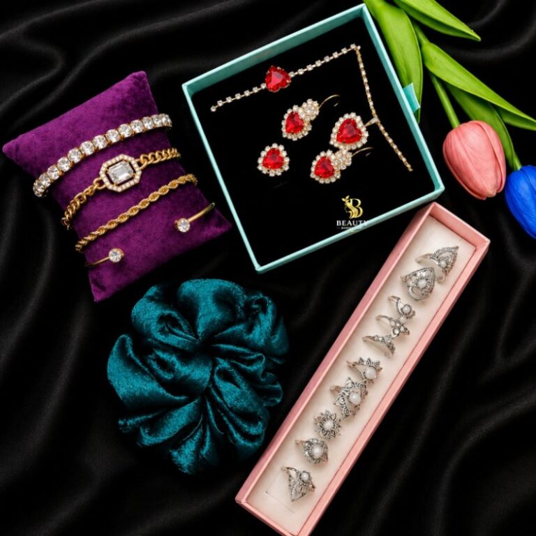 red stone jewellery combo set for women bracelet ring necklace scrunchie bd