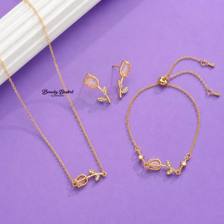 rose design jewelry set gold tone necklace earrings bracelet floral crystal close view