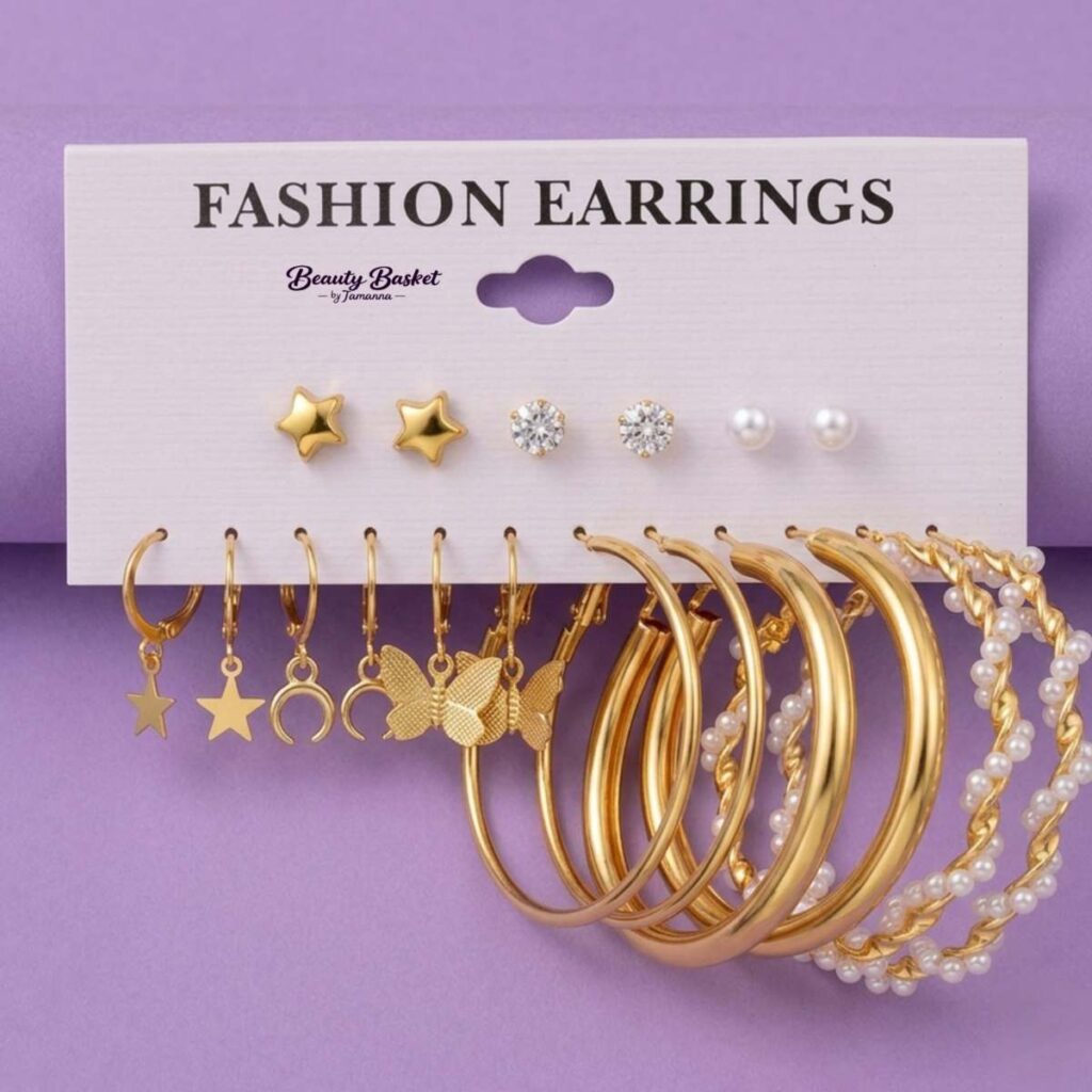 star charm hoop earrings set alloy gold tone star butterfly pearl hoop earrings full view