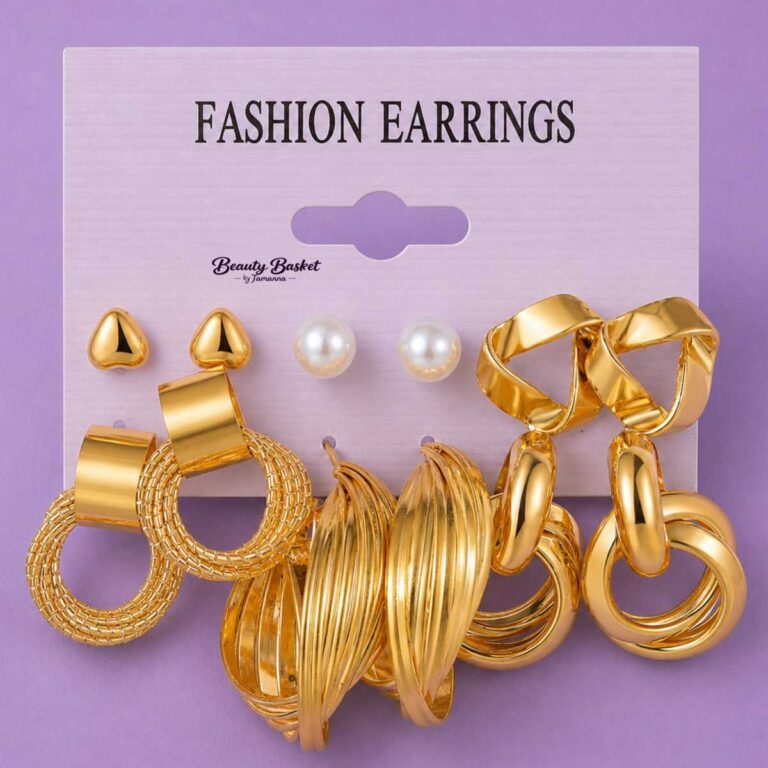 statement hoop earrings set alloy gold tone chunky hoop heart stud pearl stud earrings full view